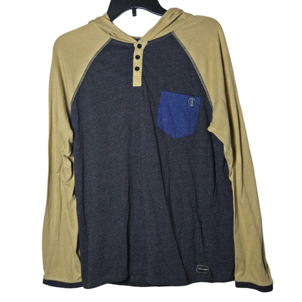 Volcom Men Long Sleeve Henley Hooded Shirt Size Medium Fall Skater Casual Grunge